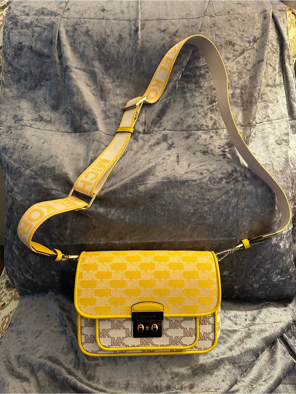 Michael Kors Yellow and Beige Signature Jacquard Crossbody Bag